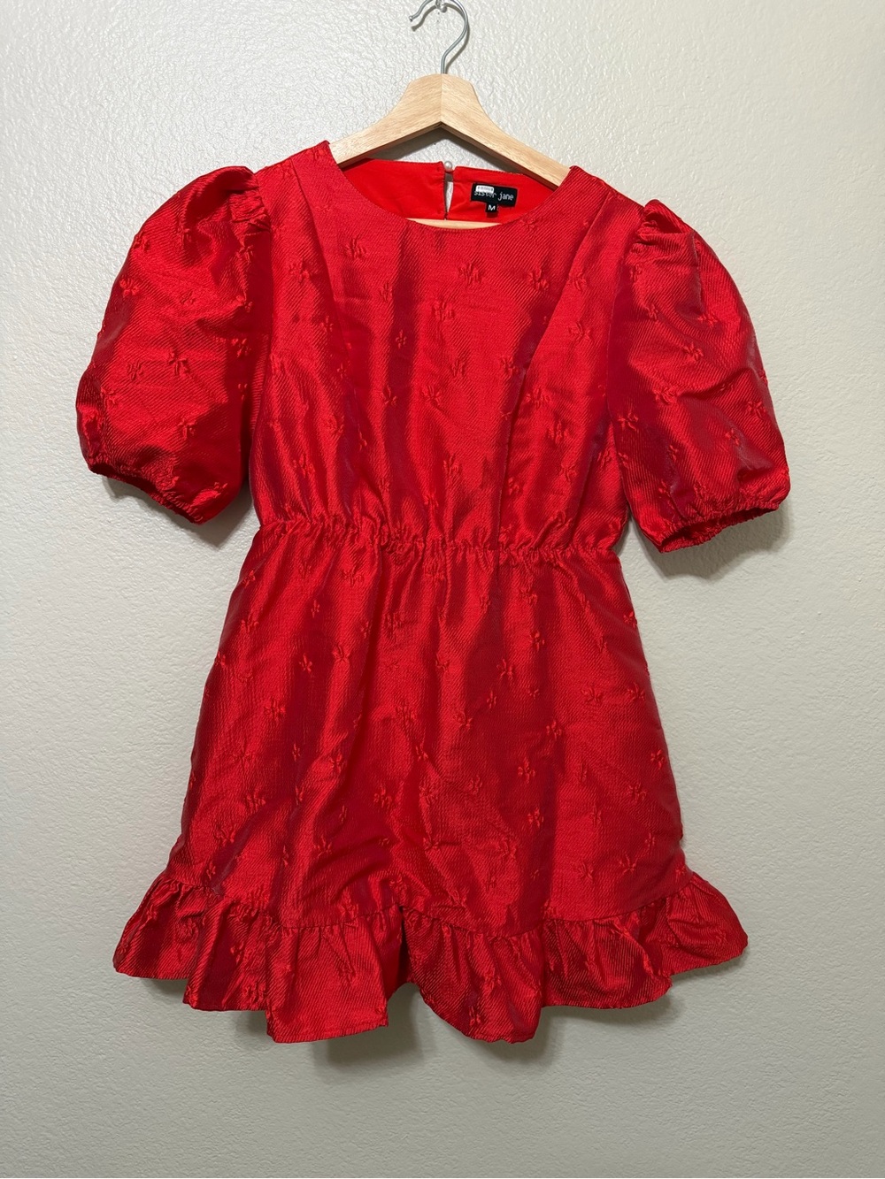Sister Jane Jacquard Little Red Dress Puff-Sleeve Ruffle Open Heart Back Size M